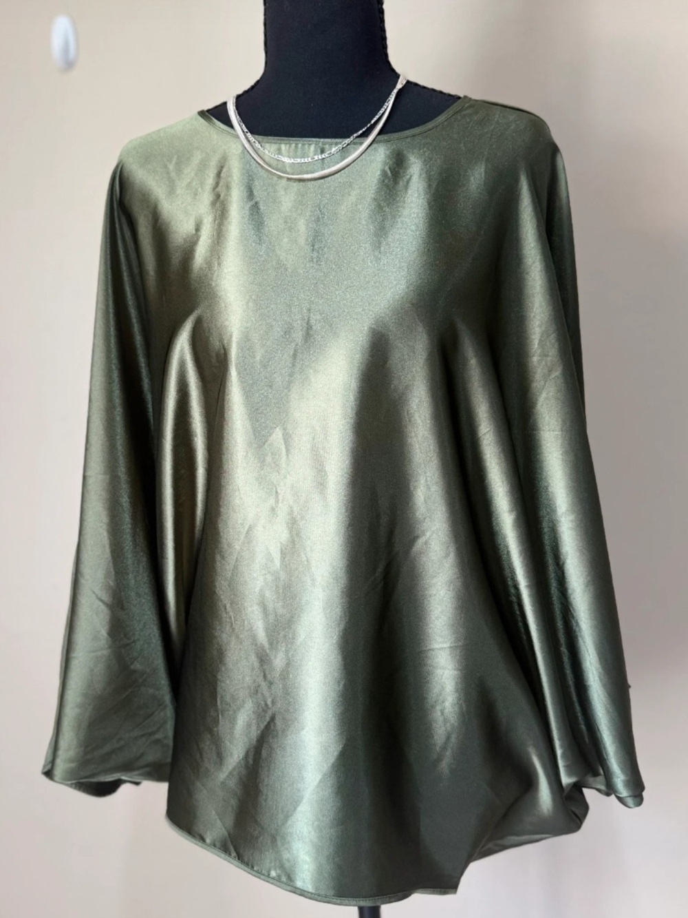 Women's Olive Green Satin Long-Sleeve Top
